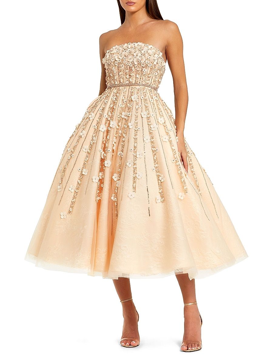 Women's Embellished Lace Strapless Midi Cocktail Dress - Champagne - Size 14