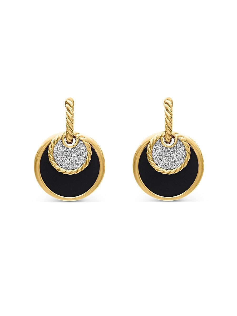 Women's DY Elements Convertible Drop Earrings in 18K Yellow Gold with Black Onyx Reversible to Mother of Pearl and Diamonds, 21.5MM - Blk Onyx Whit...