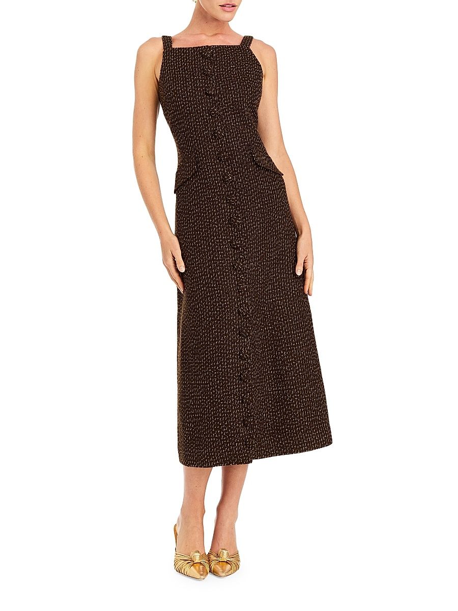 Women's Espresso Sleeveless Tweed Midi-Dress - Chestnut Gold - Size 8