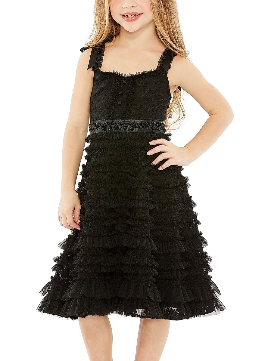 Little Girl's & Girl's Beaded Bow Strap Ruffle Lace Dress - Black - Size 10
