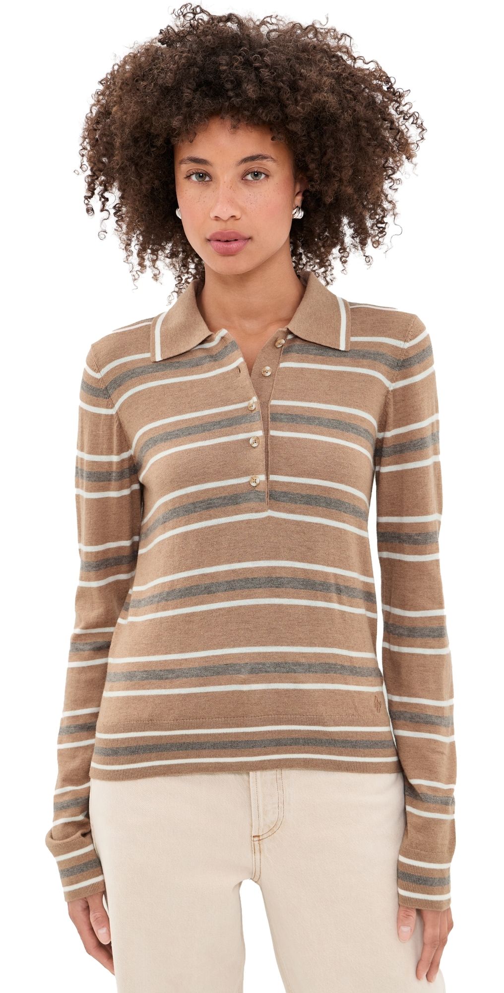 Varley Mayra Stripe Knit Polo Top Camel XL