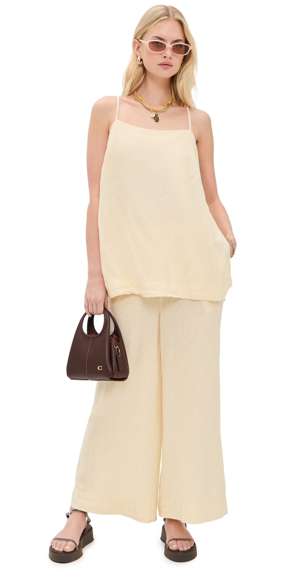 Free People Sightseer Linen Set TEA COOKIE XS