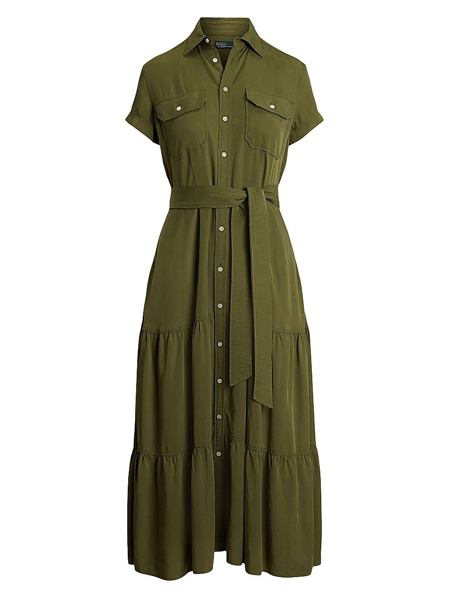 Women's Tiered Tie-Waist Midi-Shirtdress - Expedition Olive - Size 6