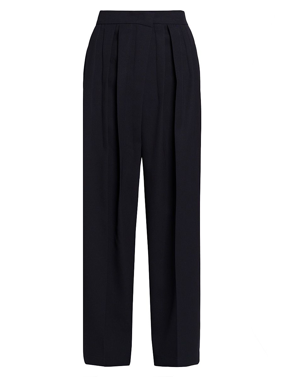 Women's Pleated Wool Gabardine Trousers - Navy - Size 12