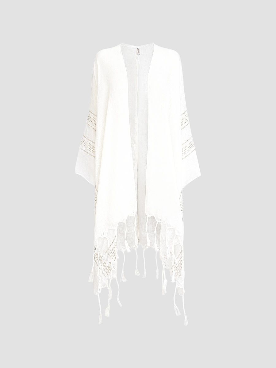 Women's Linen Poncho with Broderie Anglaise - White