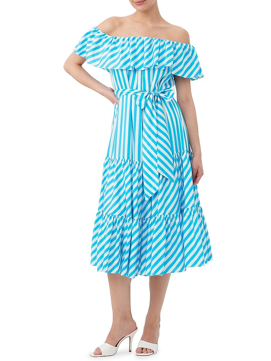 Women's Salima 2 Off-The-Shoulder Striped Ruffle Dress - Blue Grotto Whitewash - Size Medium