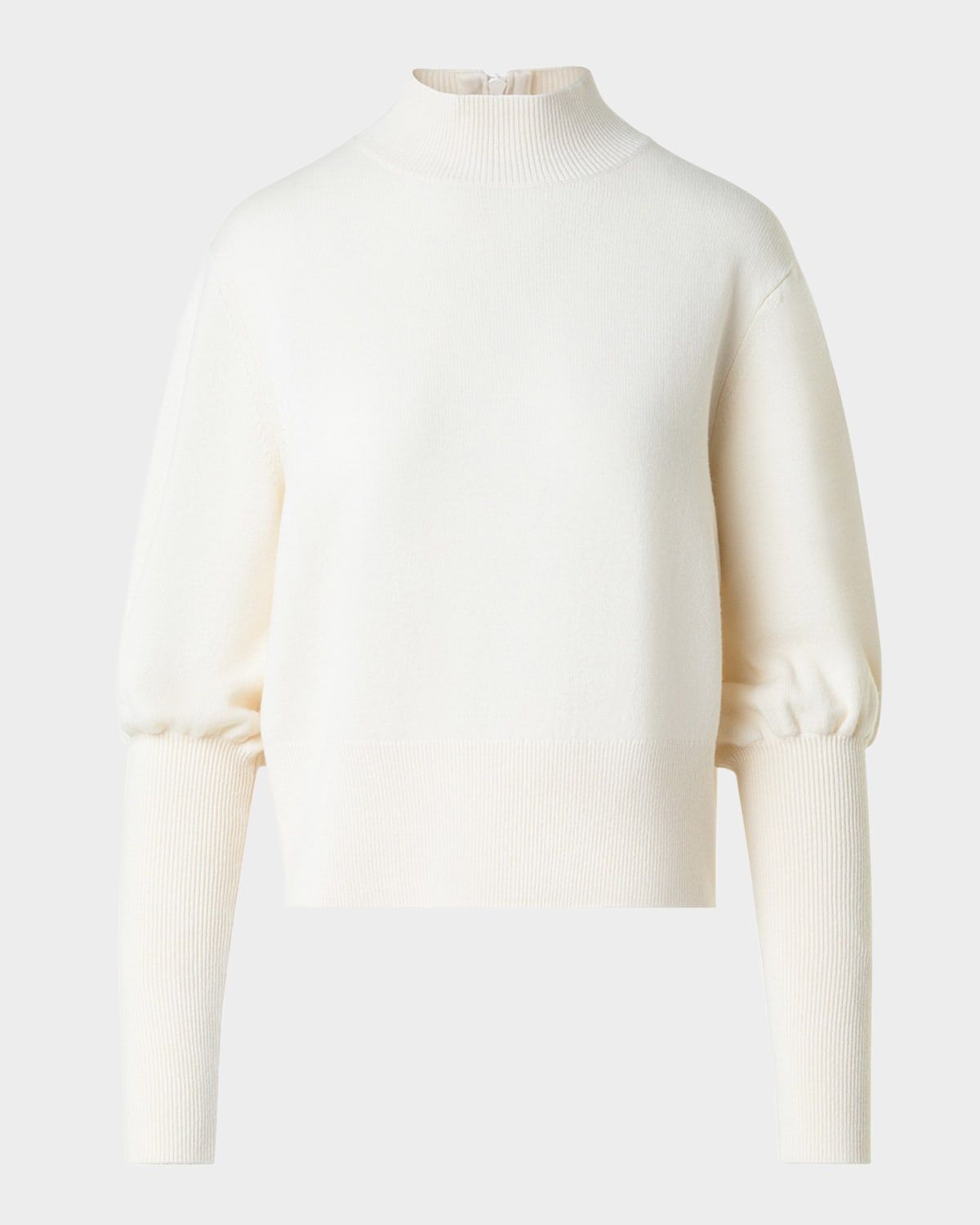 Mock Neck Blouson-Sleeve Cashwool Sweater