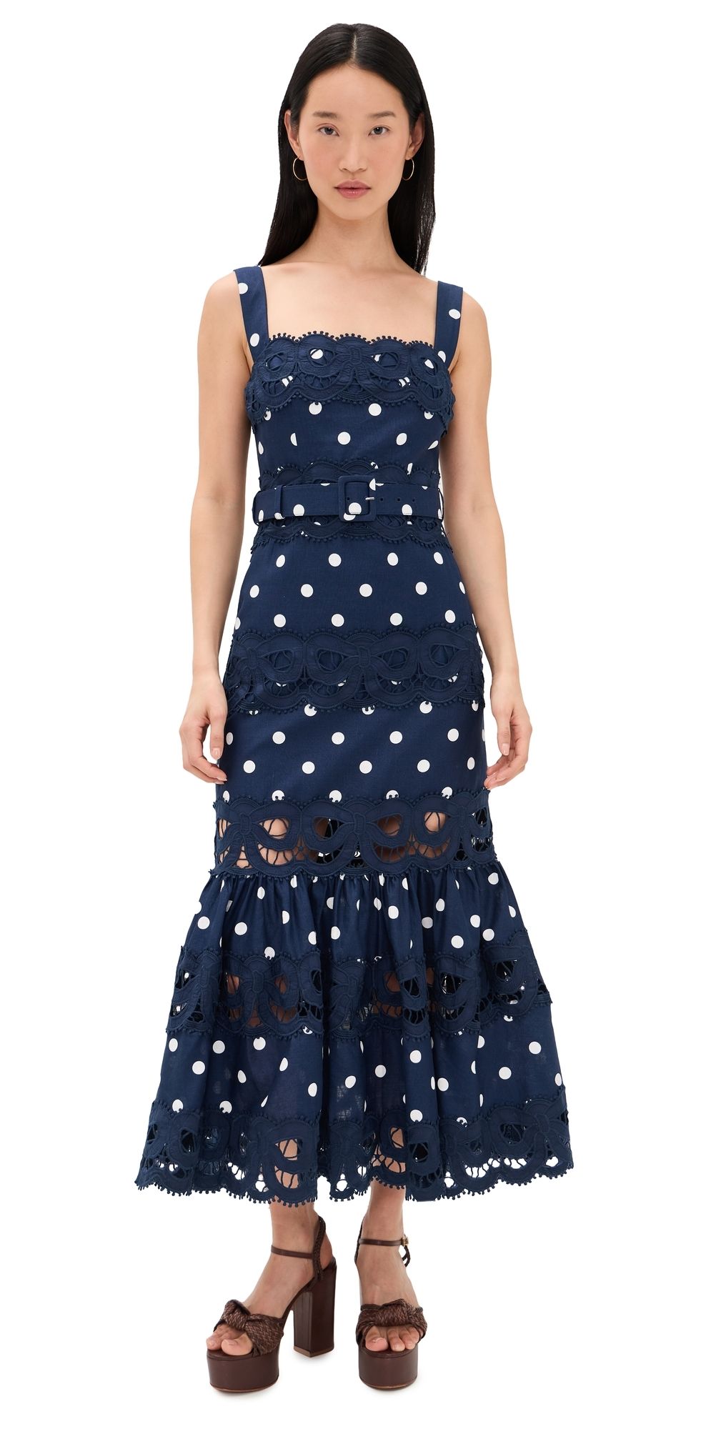 Self Portrait Navy Polka Dot Midi Dress Navy 0