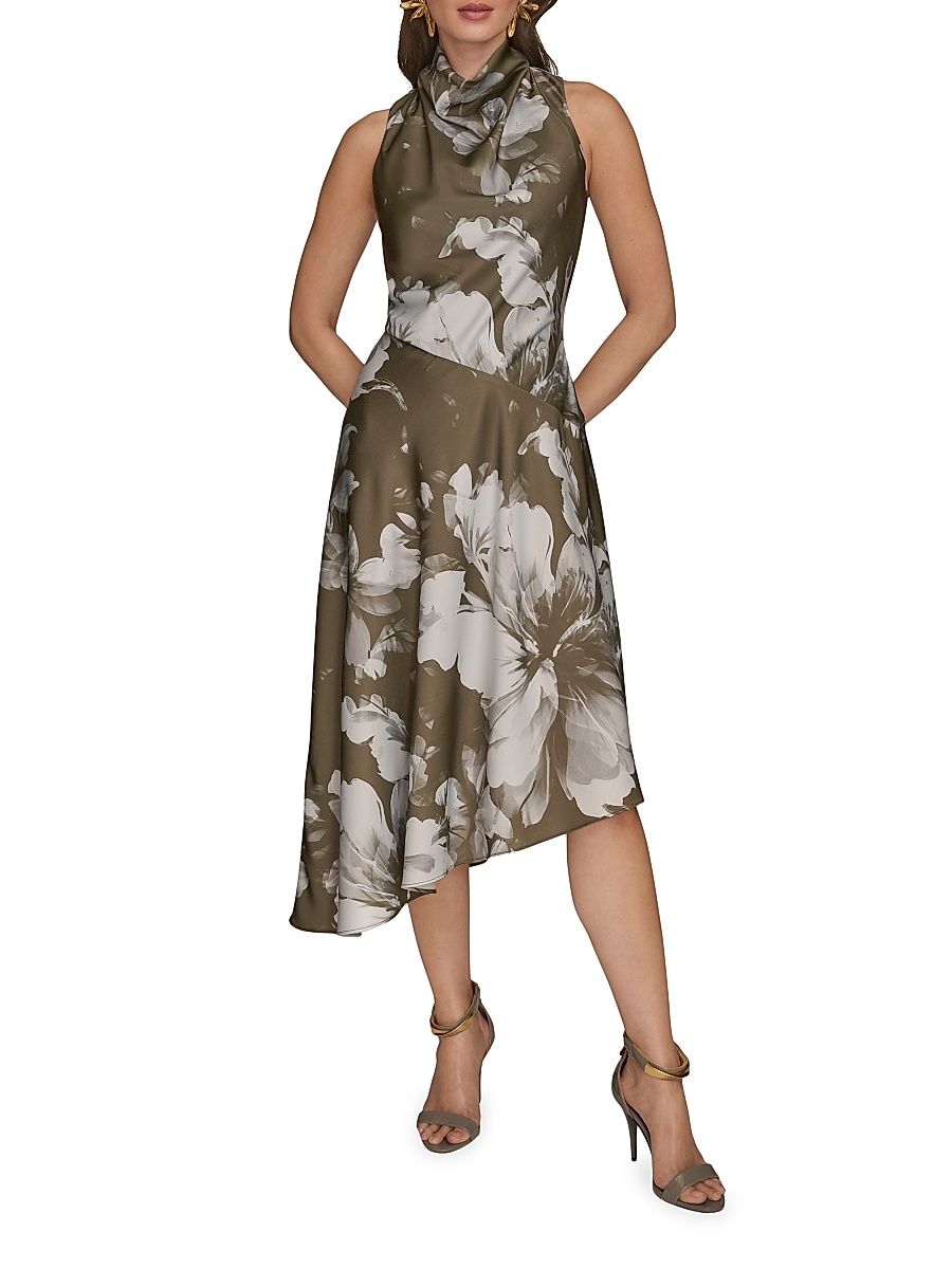 Women's Floral Stretch-Satin Cowlneck Midi-Dress - Antique Green Multi - Size 4