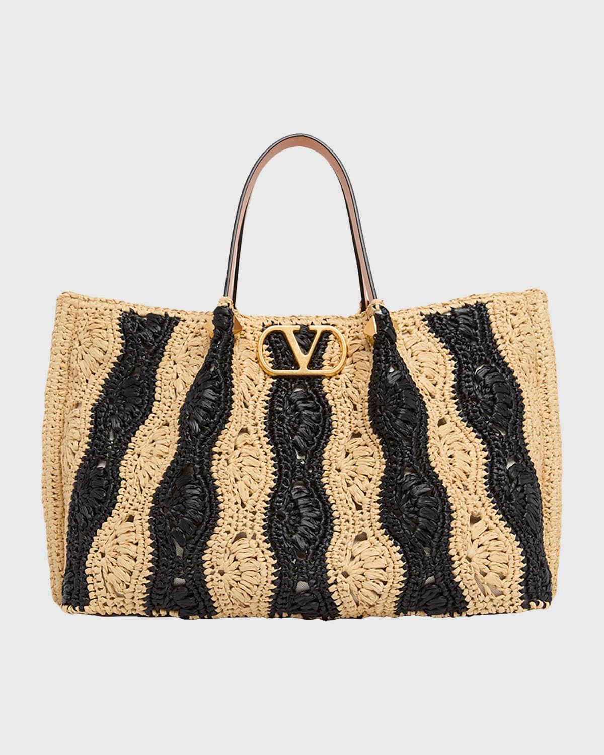 Medium Wavy Striped Viscose Raffia Tote Bag