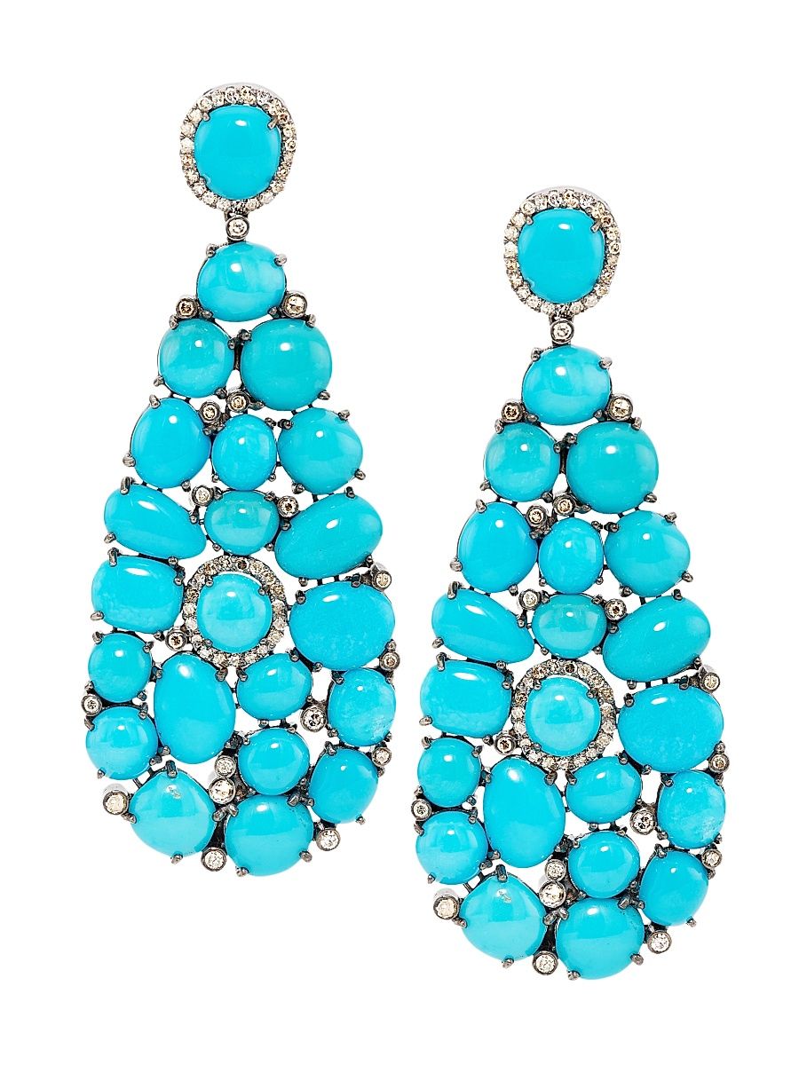 Women's Rhodium-Plated Sterling Silver, Turquoise & Diamond Earrings - Turquoise