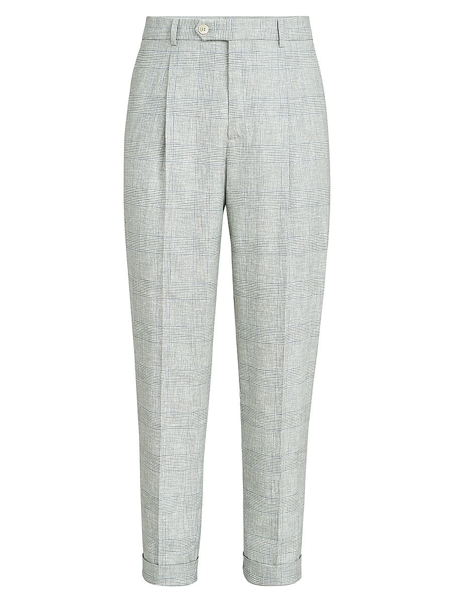 Men's Virgin Wool Prince of Wales Fresco Pleated Trousers - Pearl Grey - Size 48