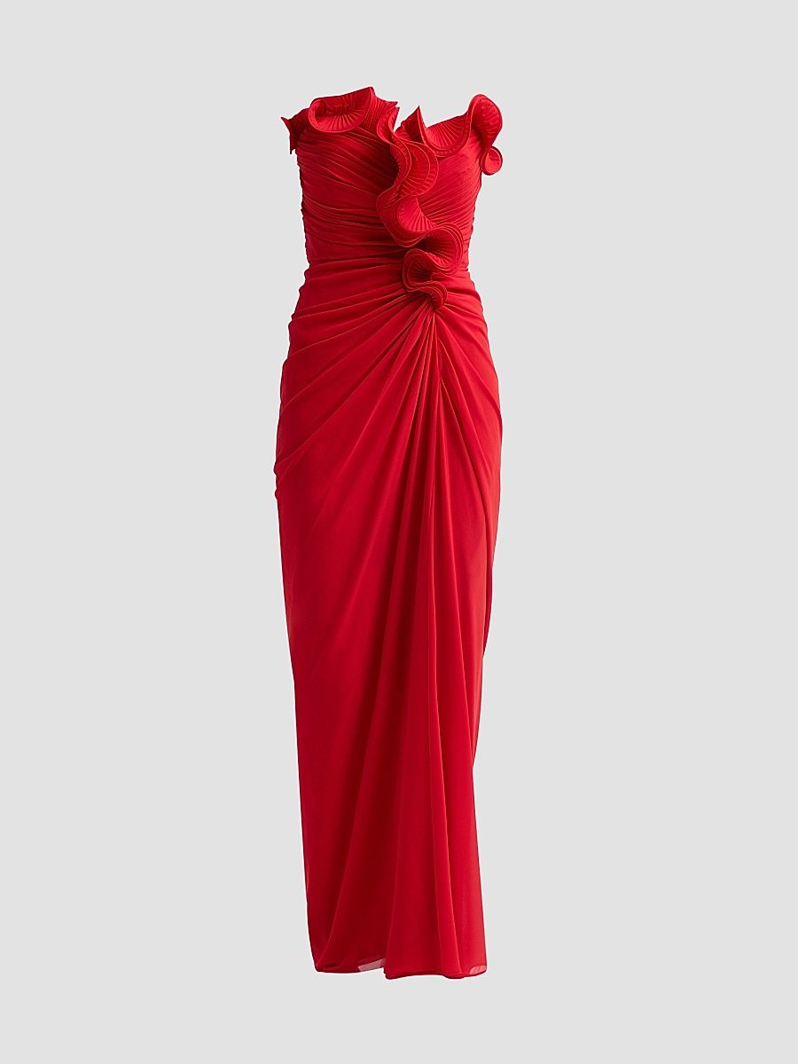 Badgley Mischka Women's Pleated Ruffle Chiffon Column Gown - Red - Size 14
