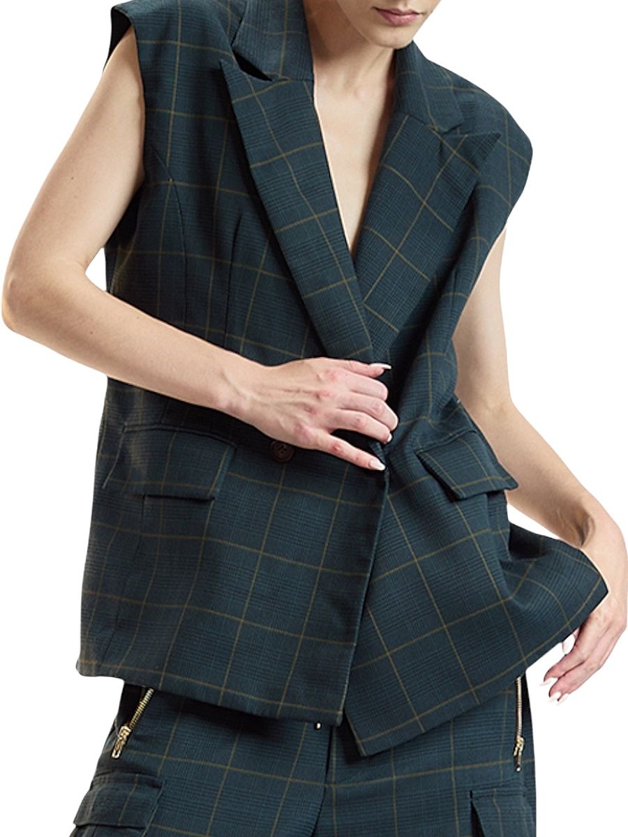 Women's Windowpane Plaid Oversized Double-Breasted Vest - Green Plaid - Size Small