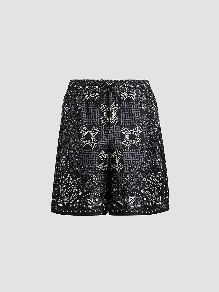 Men's Printed Silk Drawstring Shorts - Black - Size Small