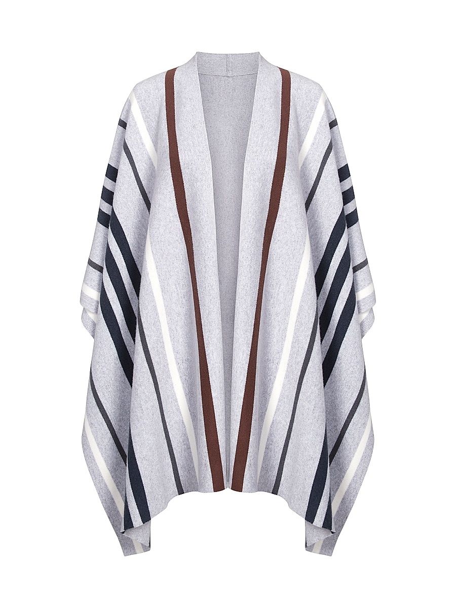 Women's Striped Cashmere Poncho - Grey Navy Multi