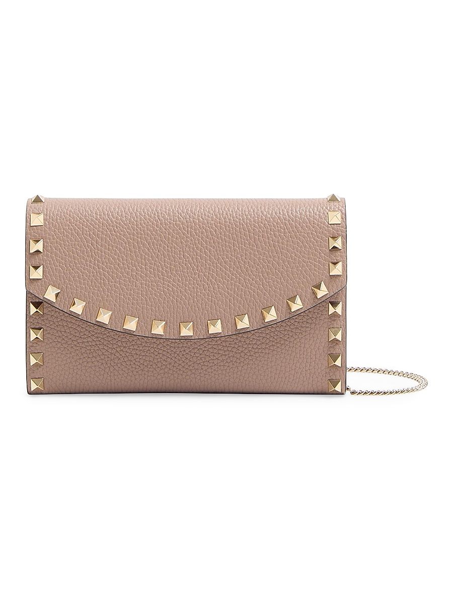 Women's Rockstud Wallet with Chain in Grainy Calfskin - Poudre