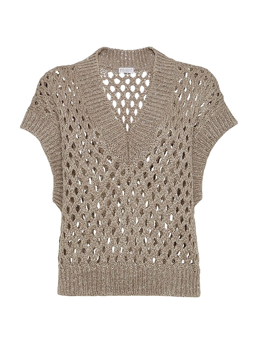 Women's Silk and Linen Dazzling Net Sweater - Warm Beige - Size XXS