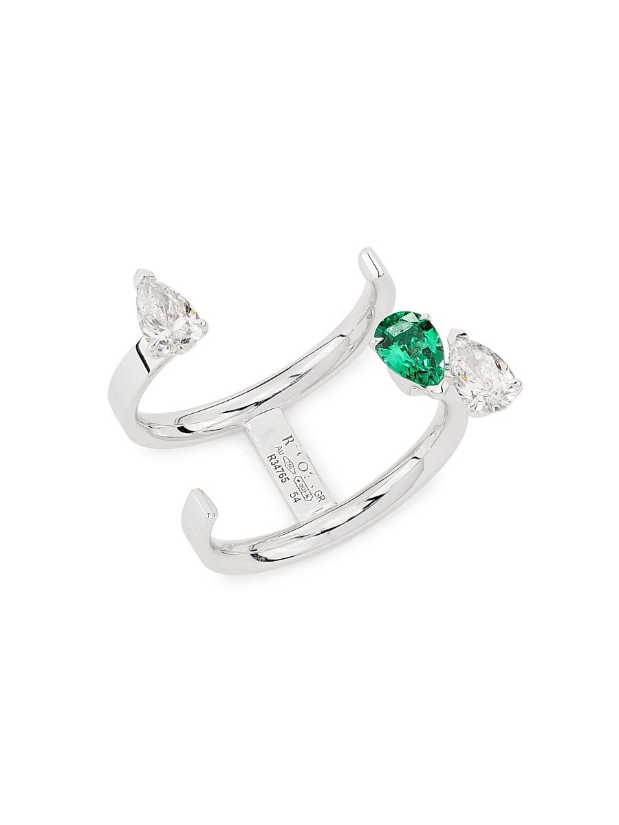 Women's Serti Sur Vide Serti 18K White Gold, 0.60 TCW Diamond & Emerald Cuff Ring - White Gold - Size 6.75