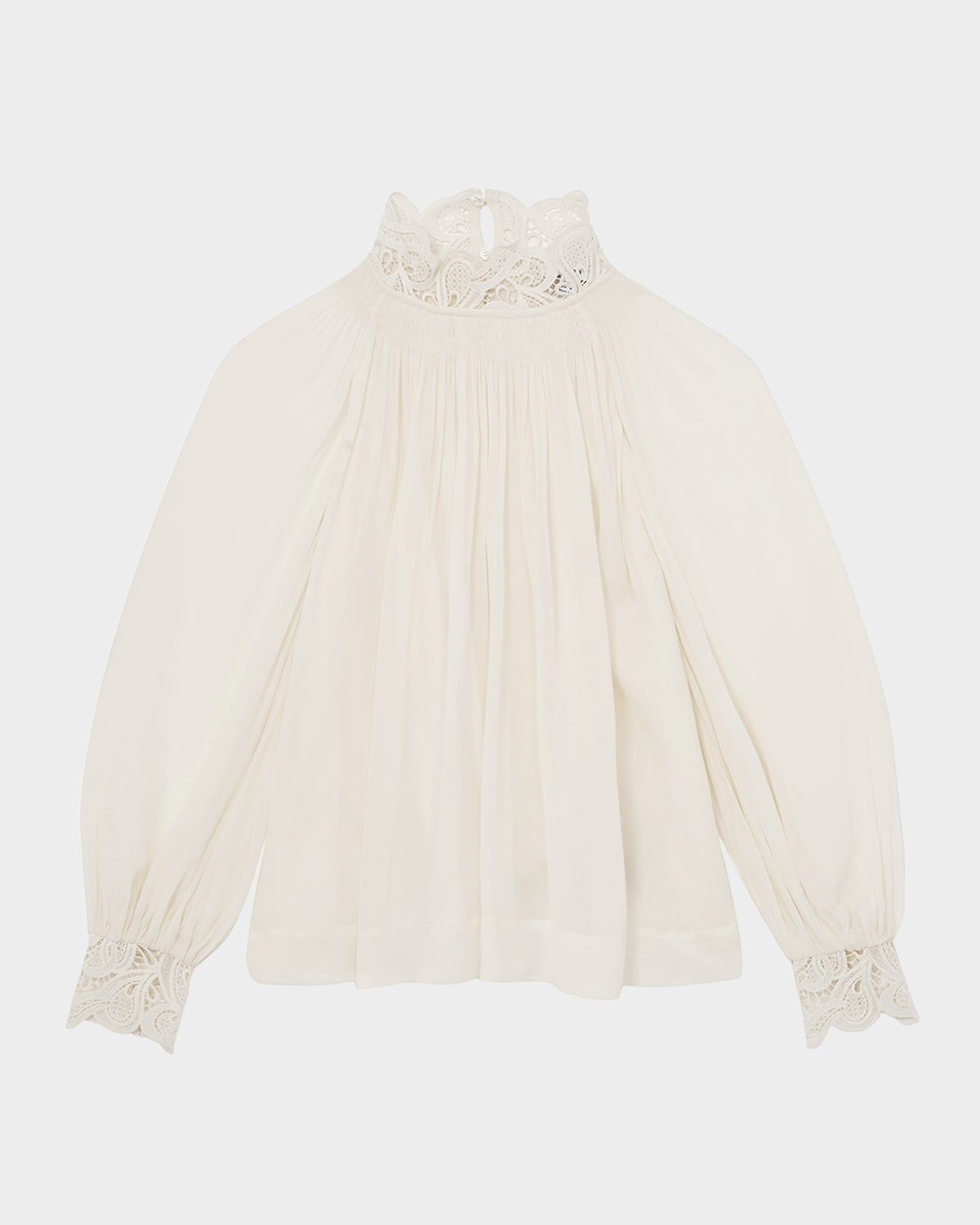 Czara Guipure Lace-Trim Chiffon Blouse