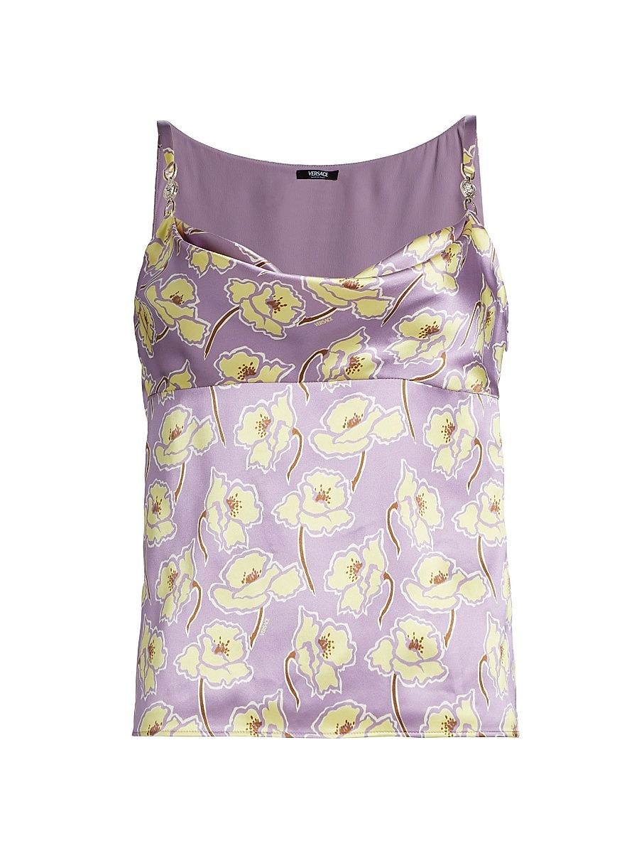Women's Floral Silk Sleeveless Blouse - Dusty Lavander Pale Yellow - Size 6