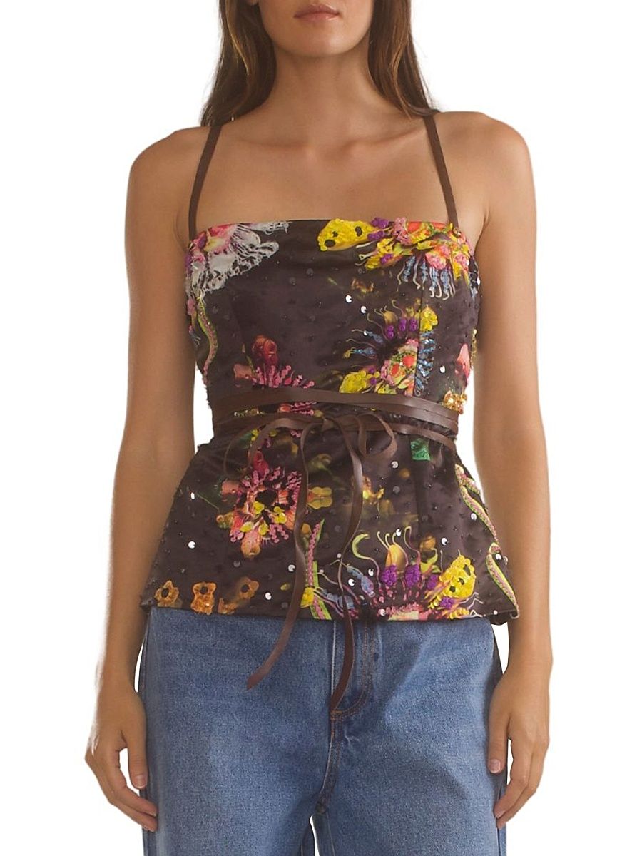 Women's Satin Leather Ties Embellished Top - Black Floral - Size Large