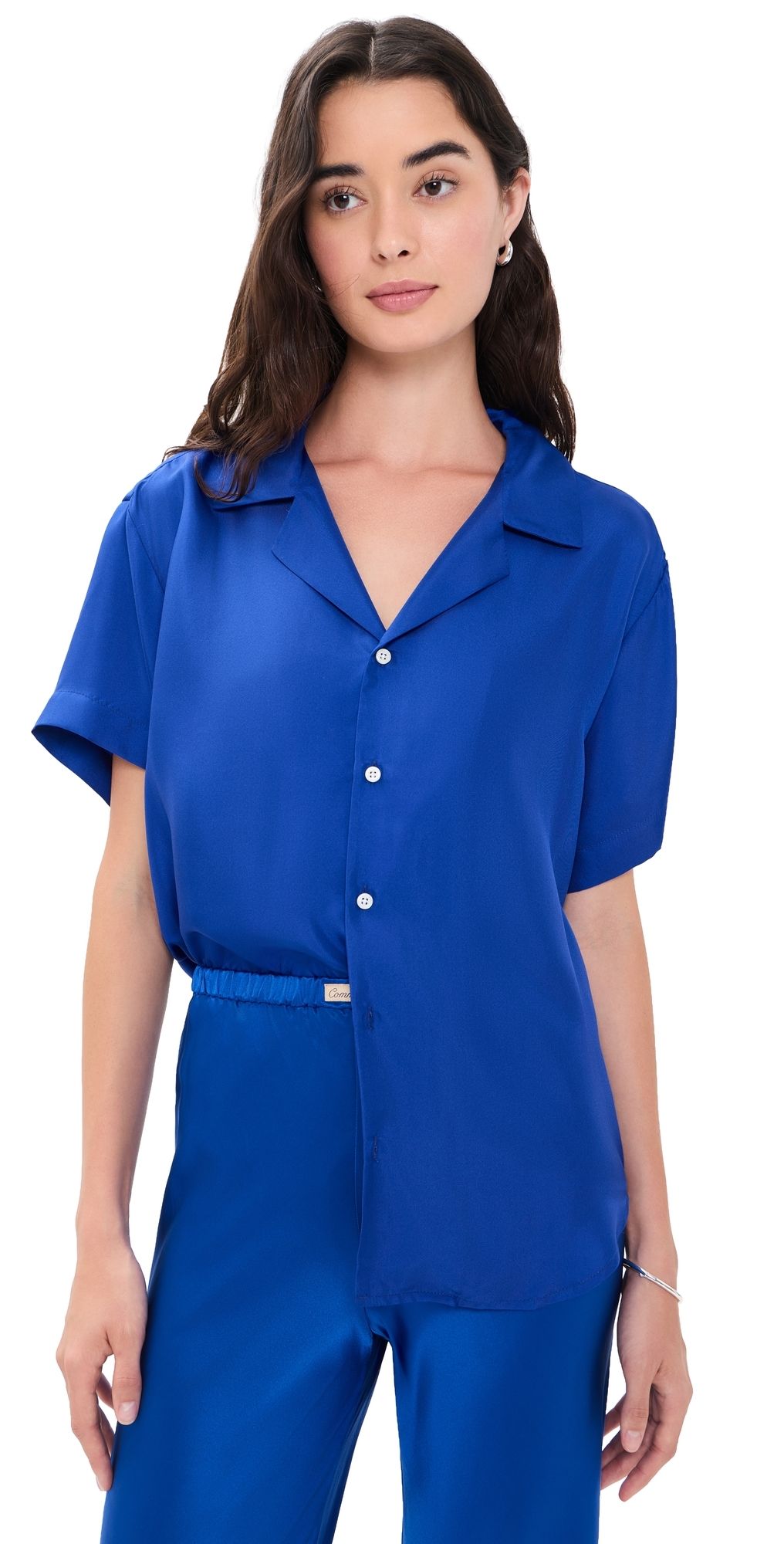 Comme Si Notched Collar Short Sleeve Shirt Blue XL