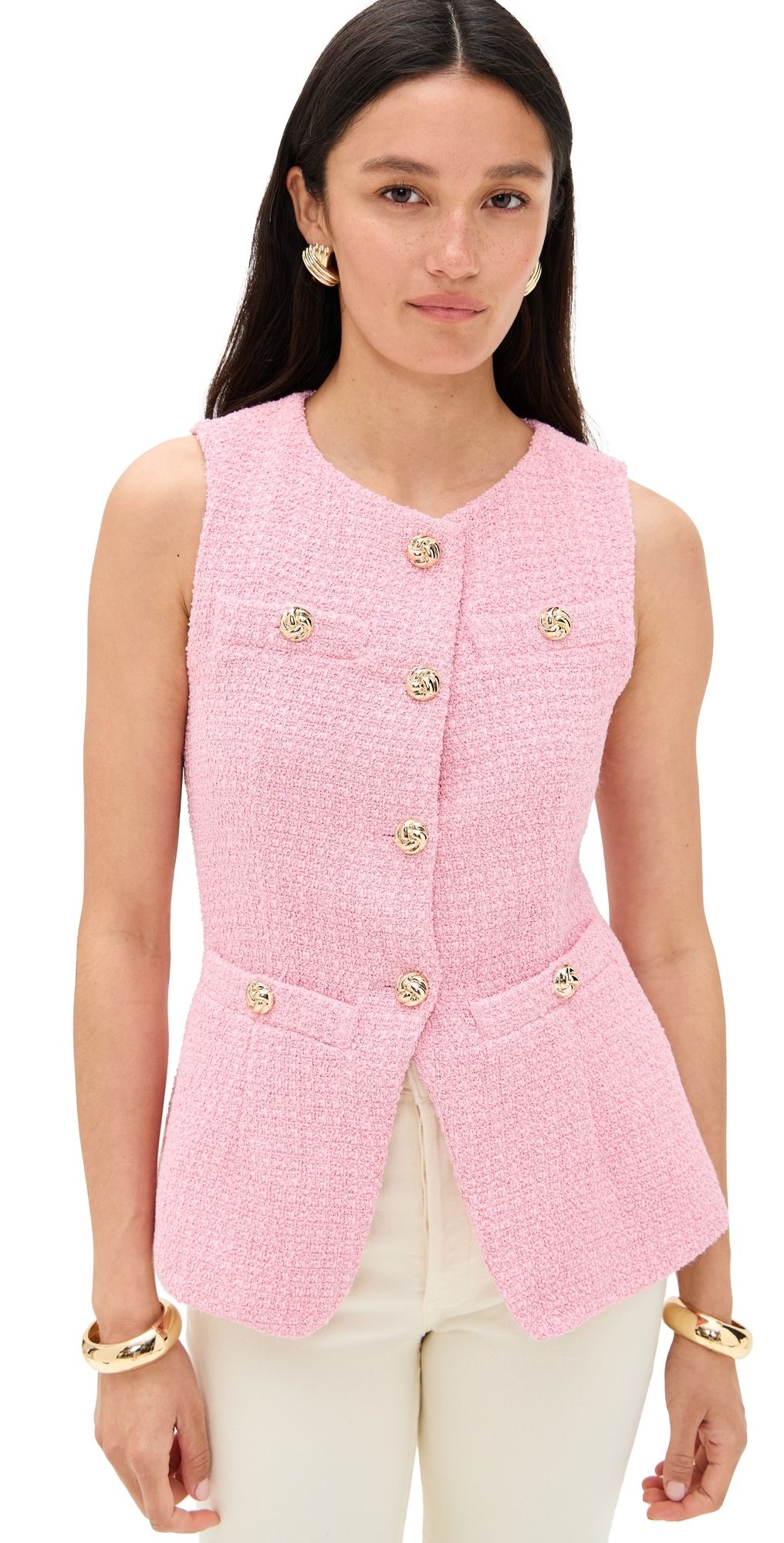 endless rose Tweed Buttoned Long Split Top Pink S