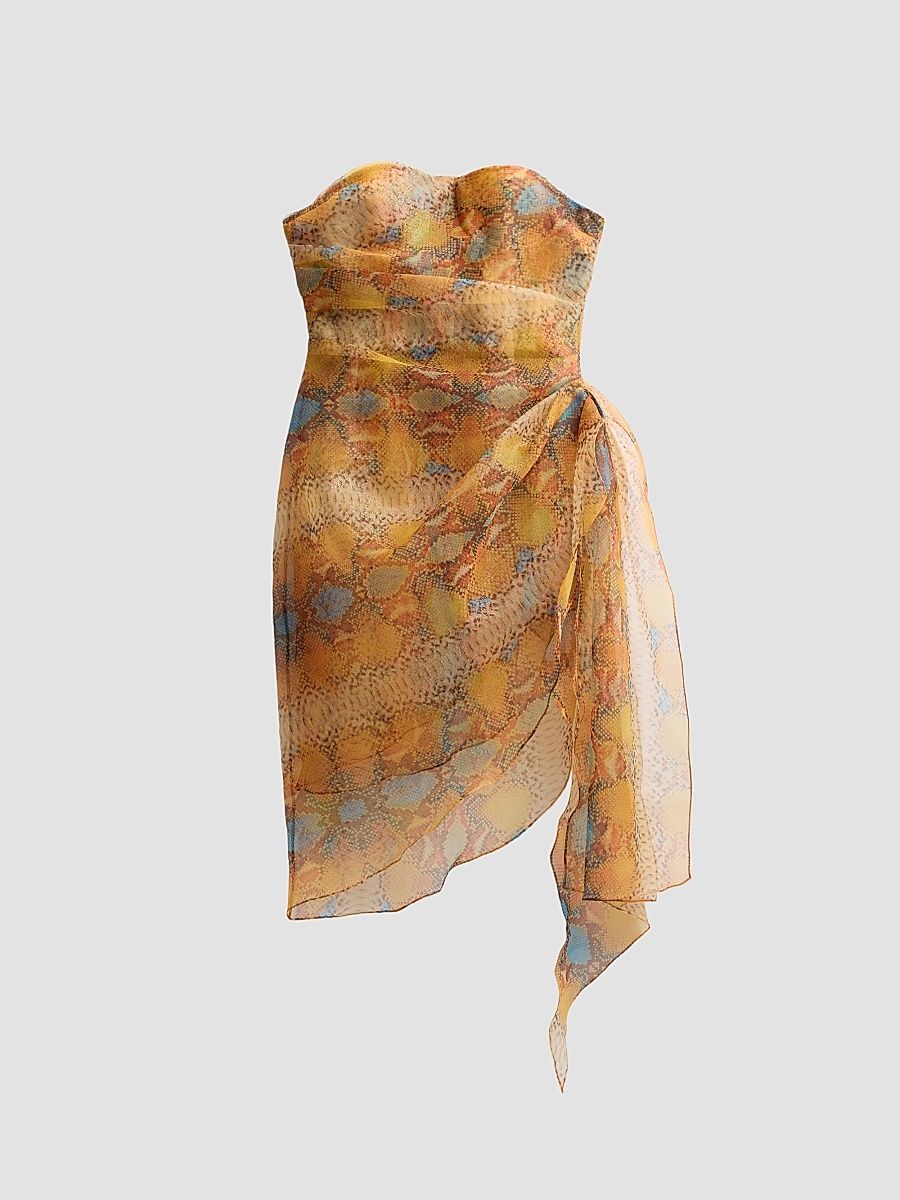 Women's Printed Asymmetric Strapless Mini Dress - Snake - Size Large
