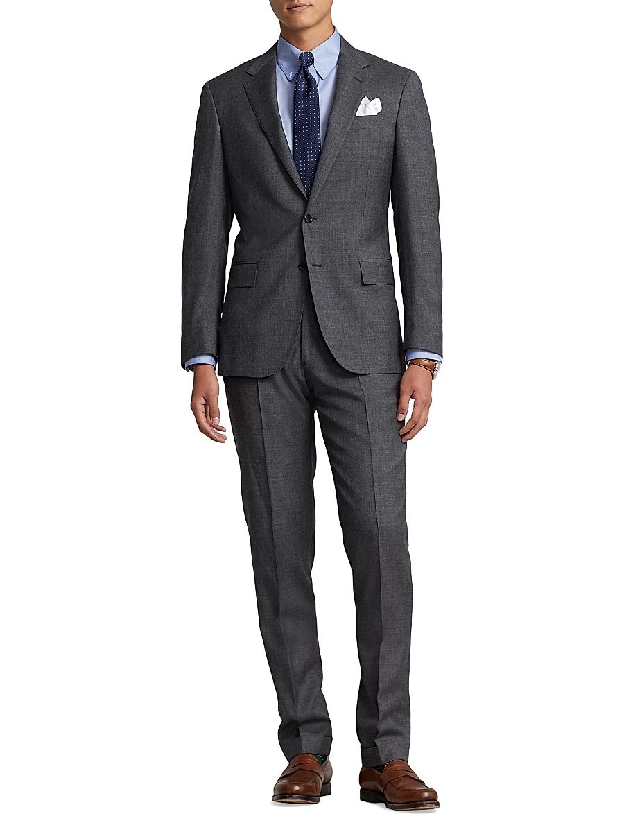 Men's Sharkskin Wool Single-Breasted Suit - Medium Grey Multi - Size 42