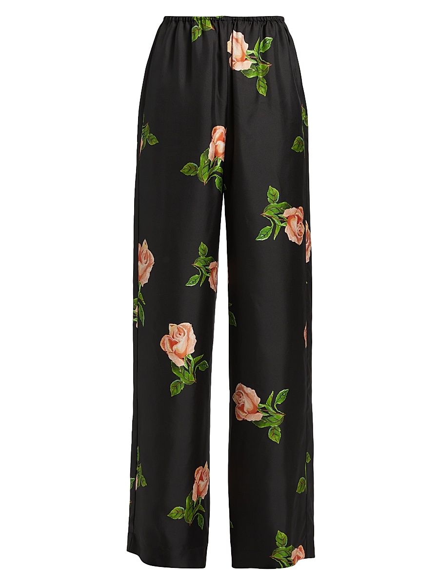Women's Arvenn Floral Silk Wide-Leg Pants - Off Black Roses - Size Small