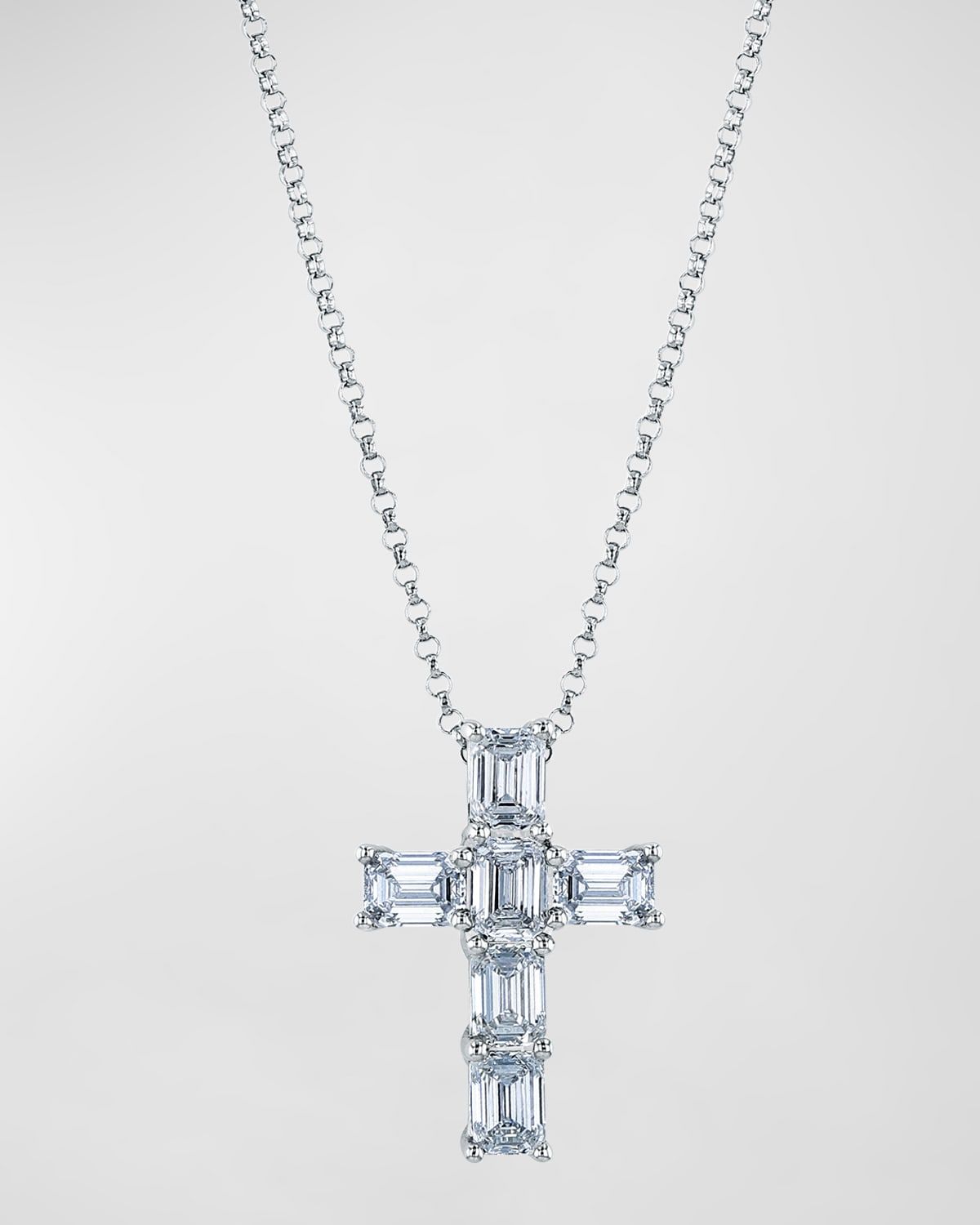 18K Gold 6-Stone Shared Prong Emerald Cut Diamond Cross Necklace, 16"L, 1.50tcw