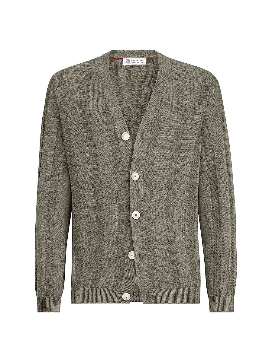 Men's Linen and Cotton Textured Rib Cardigan - Olive - Size 34