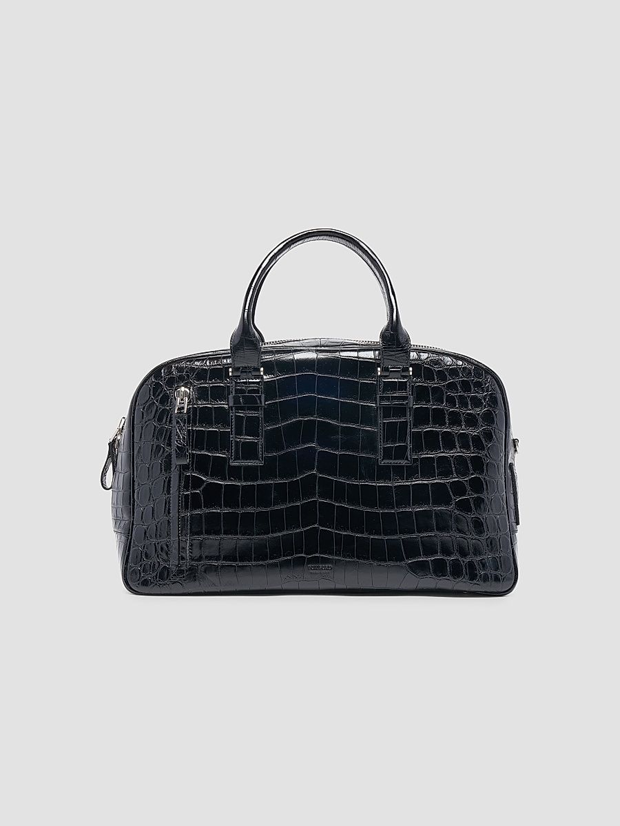 Men's Crocodile-Embossed Leather Top Handle Bag - Black