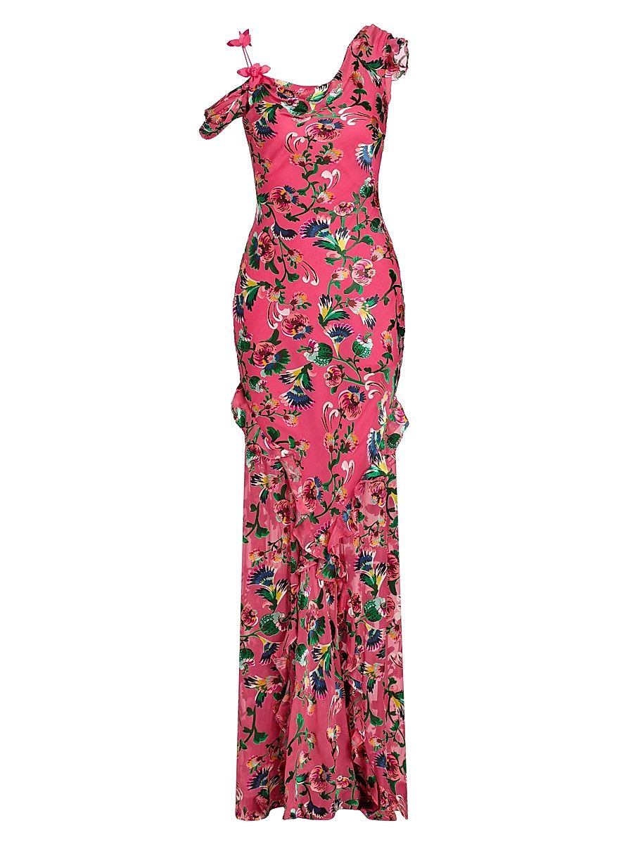 Women's Seema Floral Asymmetric Ruffle Gown - Saffier Raspberry - Size 6