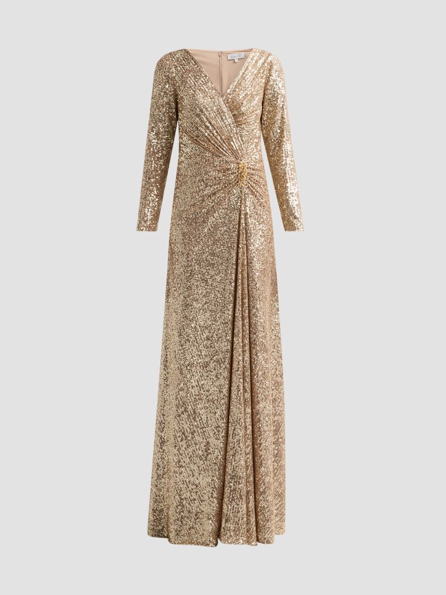 Teri Jon by Rickie Freeman Women's Sequined Twist Long-Sleeve Gown - Gold - Size 16