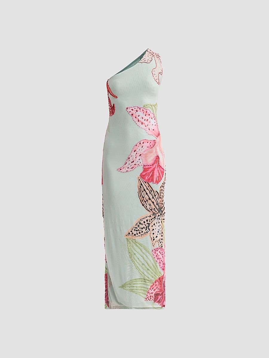 PatBO Women's Orchid Bloom One-Shoulder Beaded Tulle Maxi Dress - Green - Size 8
