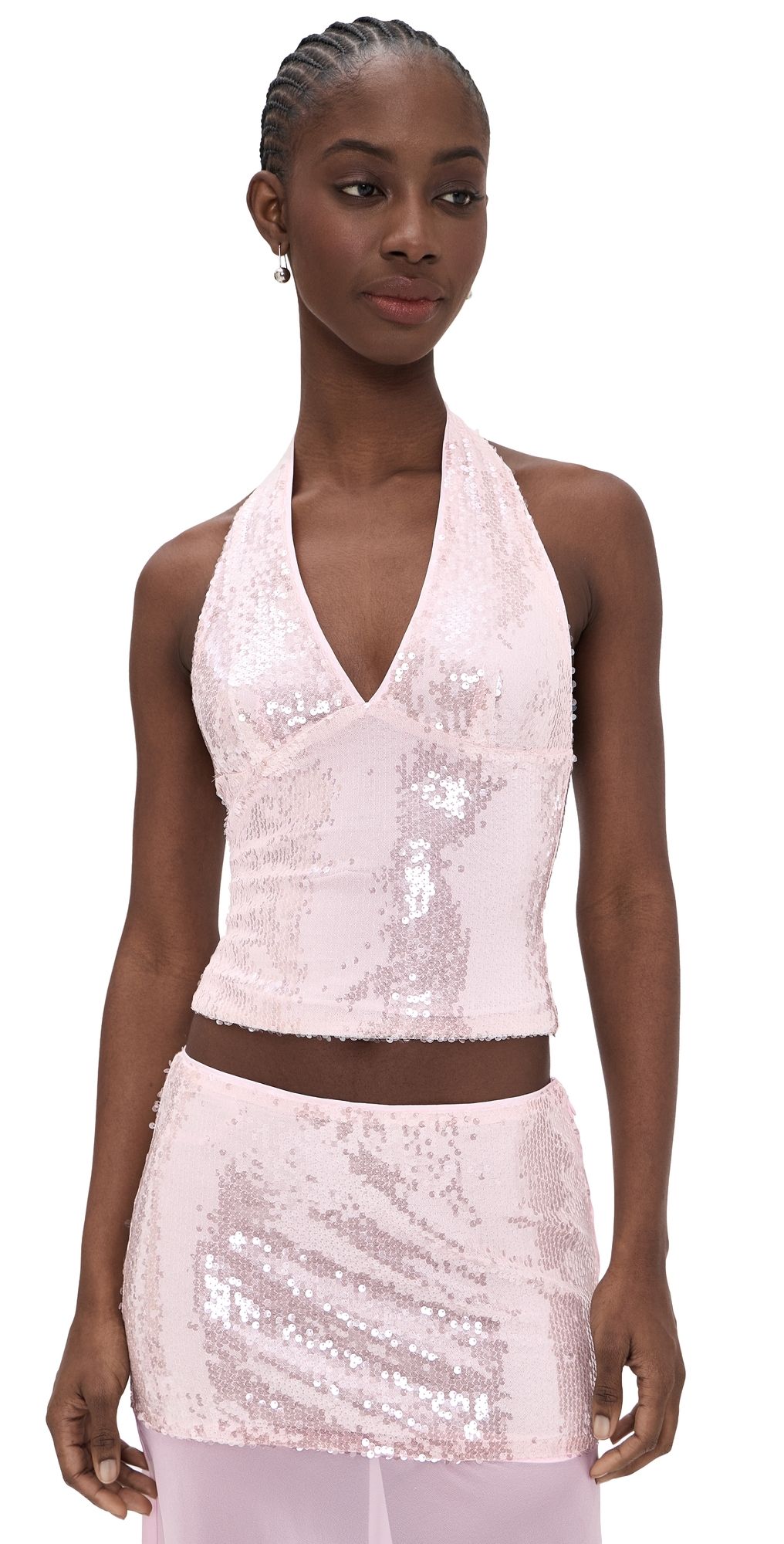 Runaway the Label Adeluna Deep Plunge Halter Top Light Pink XL