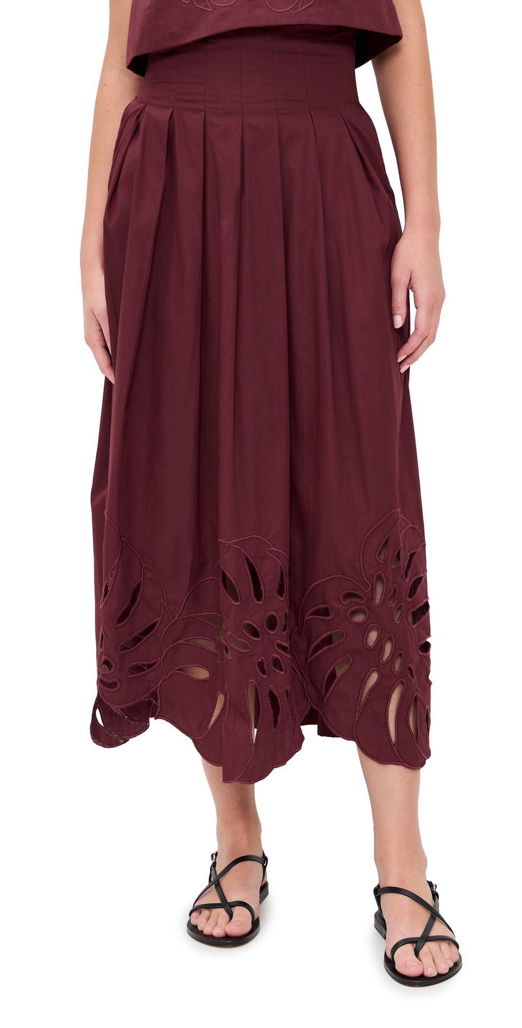 Dress To Foliage Embroidery Cotton Skirt Wine XXS
