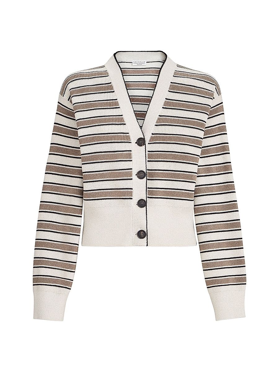 Women's Cotton Cardigan with Sparkling Stripes - White Multi - Size XXXL