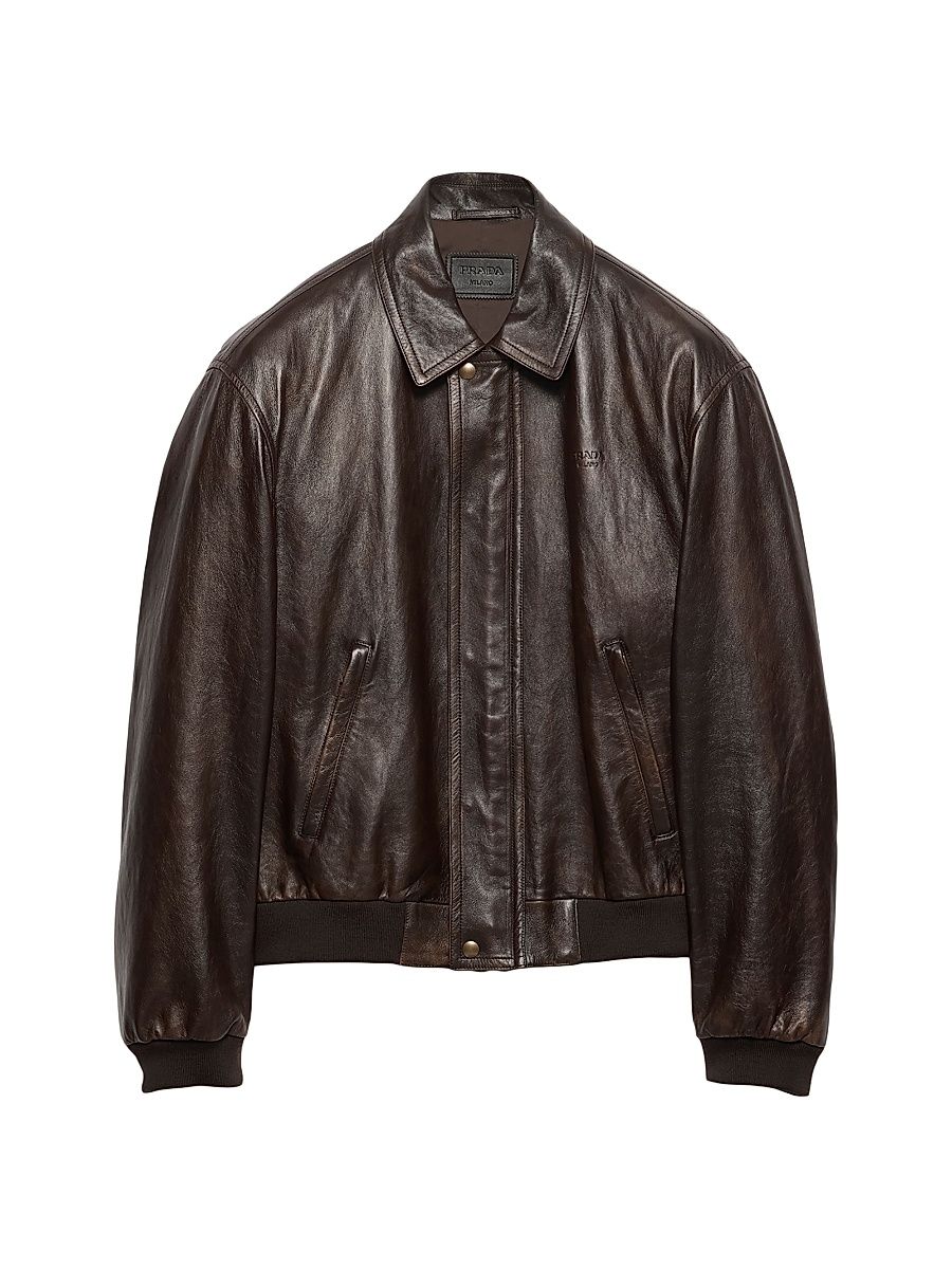 Men's Nappa Leather Bomber Jacket - Brown - Size 50