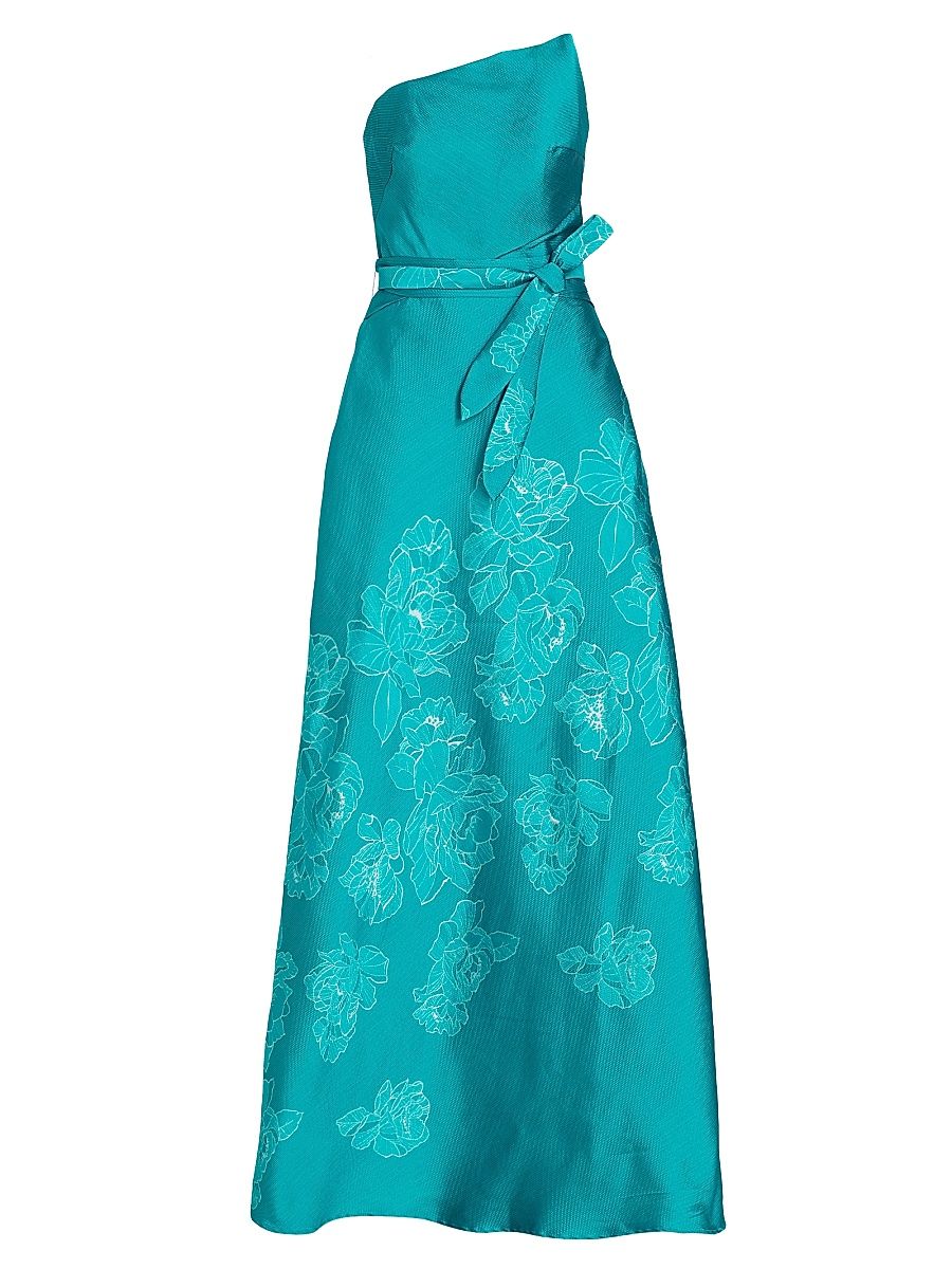 Women's Strapless Floral-Embroidered Gown - Teal Blue - Size 20