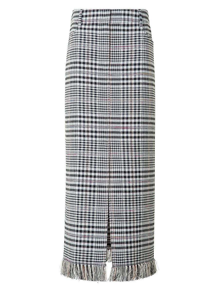 Women's Fringed Plaid Pencil Midi-Skirt - Cream Black - Size 12