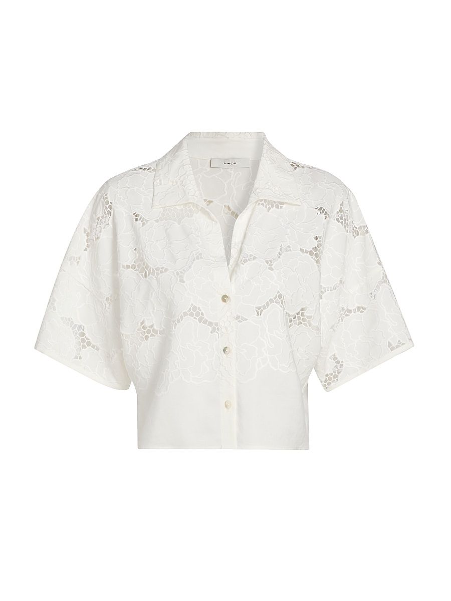 Women's Lace Short-Sleeve Crop Shirt - Off White - Size XXS