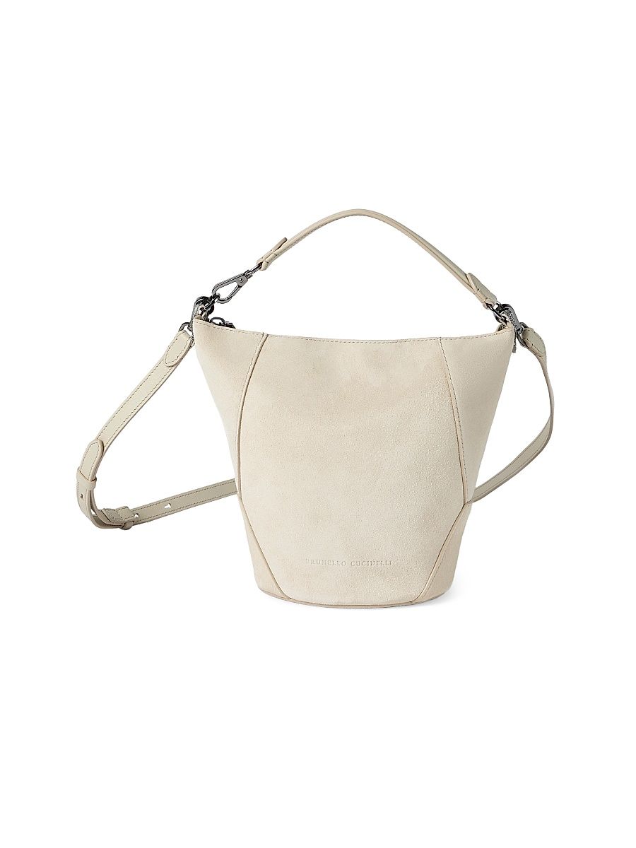 Women's Duo Bucket Bag in Suede with Monili - Ivory