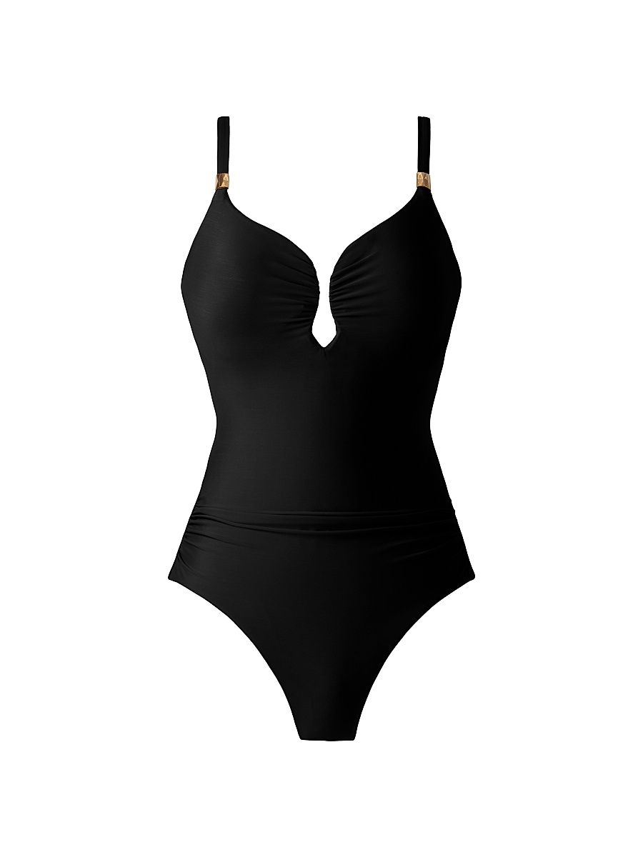 Women's Razzle Dazzle Antheia Plunging V-Neck One-Piece Swimsuit - Black - Size 16