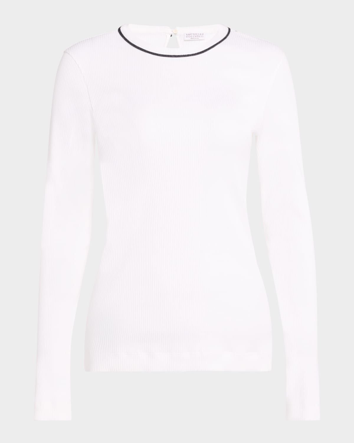 Contrast Monili Neck Cotton Stretch Rib Top