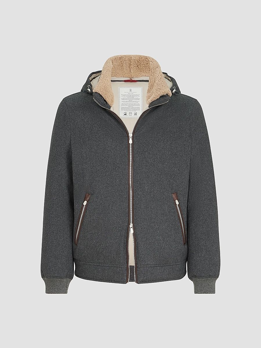 Men's Bonded Wool Flannel Down Jacket with Detachable Hood - Dark Grey - Size XXXL
