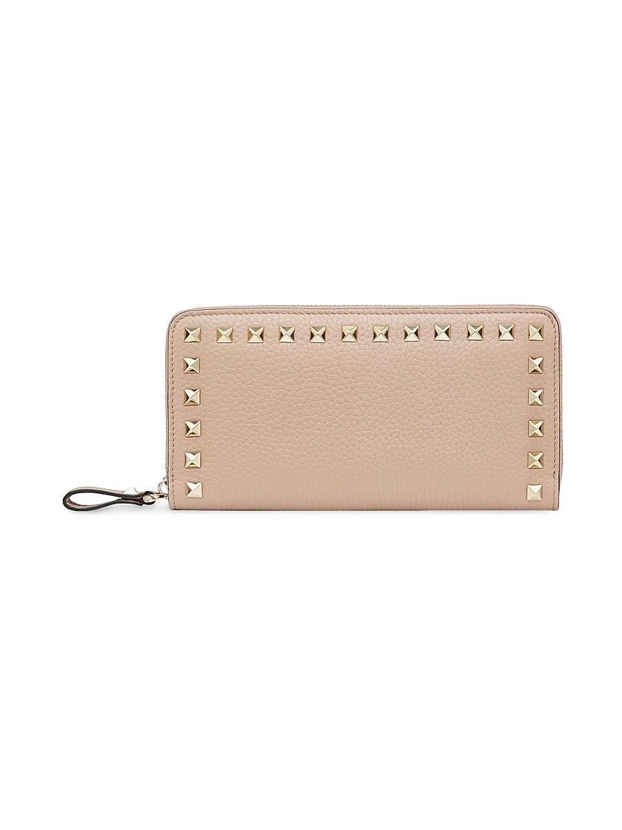 Women's Rockstud Grainy Calfskin Zippered Wallet - Poudre
