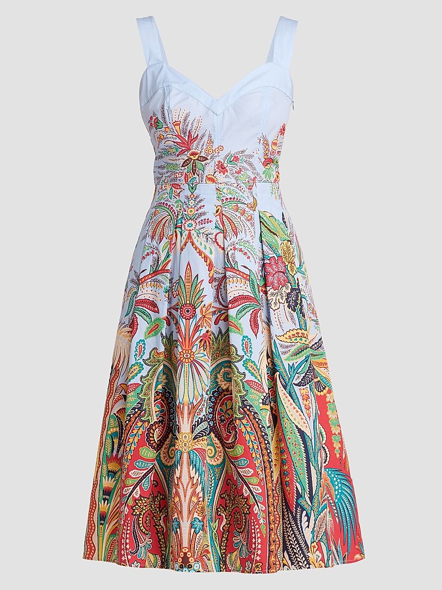 Women's Paisley Pleated Cotton Midi Dress - Printed Blue Base - Size 14